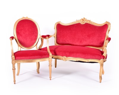 Lot 432 - A pair of 19th century, Louis XVI style, gilded armchairs