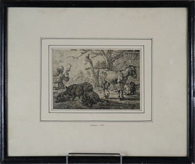 Lot 93 - Pieter Boddingh van Laer (Dutch 1599-c.1642) Spinnende Vrouw, Zwijnen en Ezels