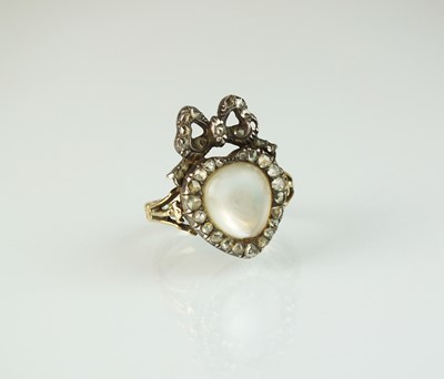 Lot 45 - A 19th century moonstone and rose cut diamond heart and bow ring
