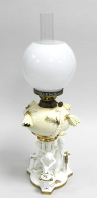 Lot 210 - Moore Brothers porcelain oil lamp, late 19th century