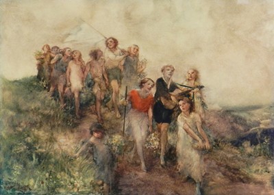 Lot 291 - Oskar Larsen (Austrian, 1882-1972), a group of children walking in the countryside