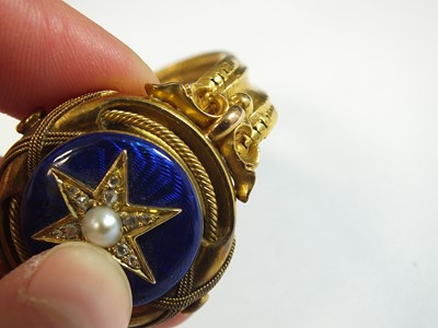 Lot 130 - A 19th century rose cut diamond, pearl and blue enamel locket bracelet
