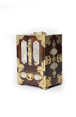 Lot 66 - A Chinese brass-bound hardwood and bowenite jewel box