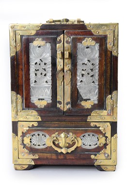 Lot 66 - A Chinese brass-bound hardwood and bowenite jewel box