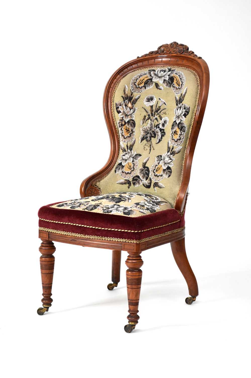 Lot 607 - A 19th century mahogany beadwork upholstered boudoir chair