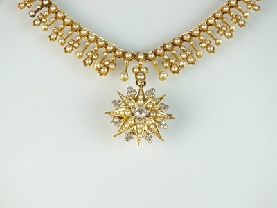 Lot 46 - A late 19th century diamond and seed pearl necklace and pendant/brooch