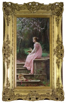 Lot 212 - Eva Hollyer (FL. 1889-1902), A Young Lady with a Panier Sitting on Steps