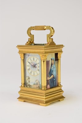 Lot 432 - A miniature carriage timepiece with painted dial and sides