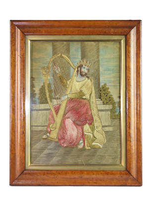 Lot 271 - A stumpwork panel of King David playing the harp, 18th/19th century