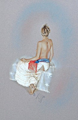 Lot 74 - Kay Boyce (British 20th-21st Century) Lady Wearing Lace Skirt with Blue Sash