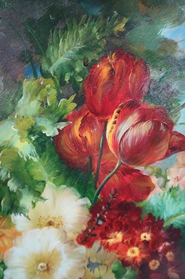 Lot 235 - J.A. Stourton (British 20th Century) Still Life with Tulips and Primroses
