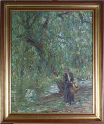 Lot 240 - Sheila Tiffin (British b.1952) Lady Feeding the Ducks