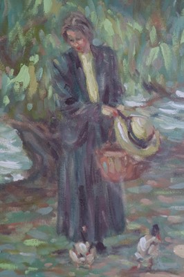 Lot 240 - Sheila Tiffin (British b.1952) Lady Feeding the Ducks