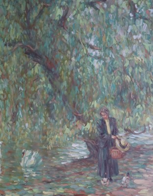 Lot 240 - Sheila Tiffin (British b.1952) Lady Feeding the Ducks