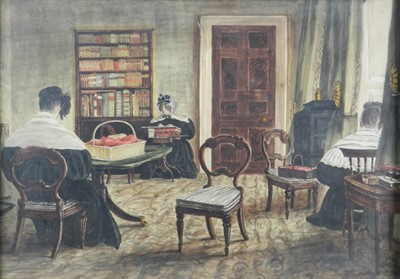 Lot 212 - British School (20th Century) Ladies Reading and Sewing in a Parlour