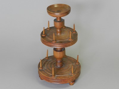 Lot 106 - A collection of treen, including a Victorian cotton reel stand and a money box