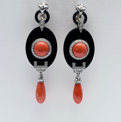 Lot 137 - A pair of coral, onyx and diamond ear pendants