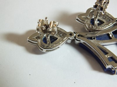 Lot 73 - A pair of Boodles Art Deco style 18ct white gold lapis lazuli, sapphire and diamond ear pendants