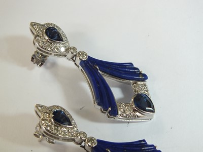 Lot 73 - A pair of Boodles Art Deco style 18ct white gold lapis lazuli, sapphire and diamond ear pendants
