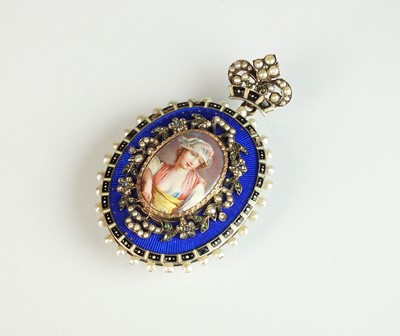 Lot 137 - A 19th century enamel and seed pearl portrait pendant