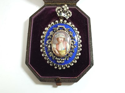 Lot 137 - A 19th century enamel and seed pearl portrait pendant