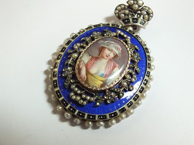 Lot 137 - A 19th century enamel and seed pearl portrait pendant