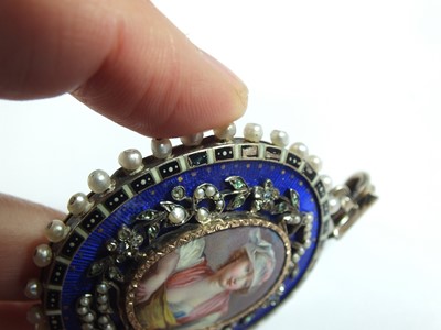 Lot 137 - A 19th century enamel and seed pearl portrait pendant