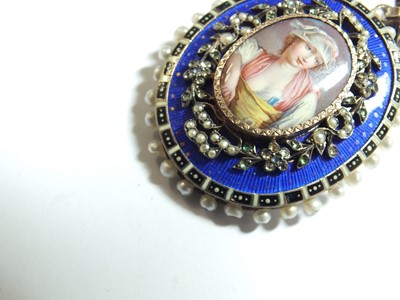 Lot 137 - A 19th century enamel and seed pearl portrait pendant
