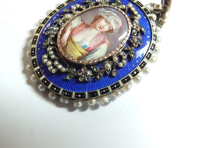Lot 137 - A 19th century enamel and seed pearl portrait pendant
