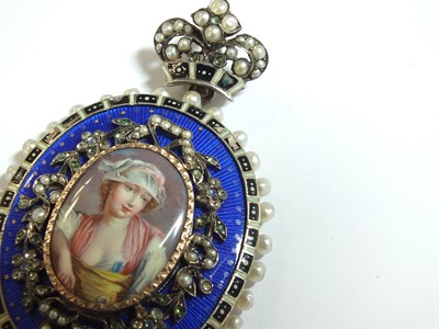 Lot 137 - A 19th century enamel and seed pearl portrait pendant