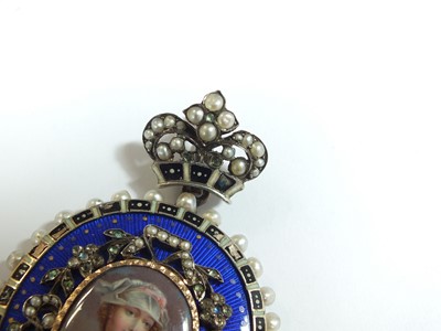 Lot 137 - A 19th century enamel and seed pearl portrait pendant