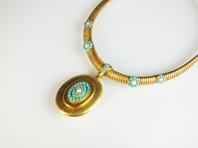 Lot 124 - A Victorian turquoise and pearl locket and collarette