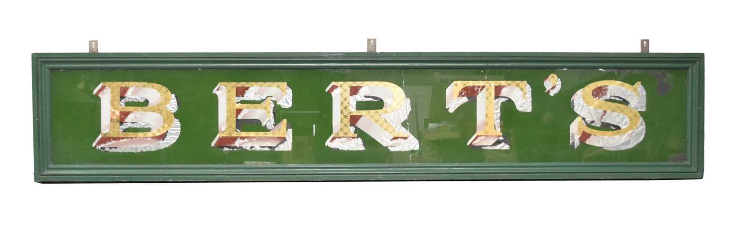 Lot 17 - A very large glass shop front sign for Bert's Fish Bar, London
