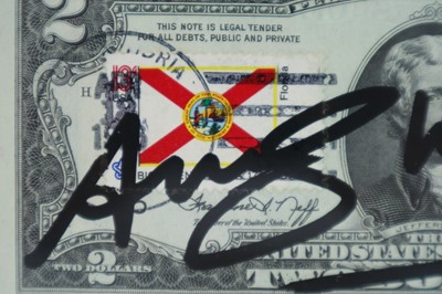 Lot 212 - Andy Warhol (American 1928-1987) Signed $2 Bill, Florida Stamp