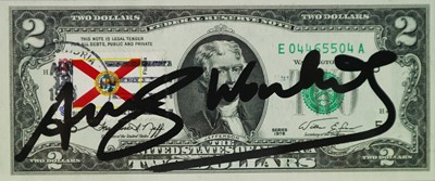 Lot 212 - Andy Warhol (American 1928-1987) Signed $2 Bill, Florida Stamp