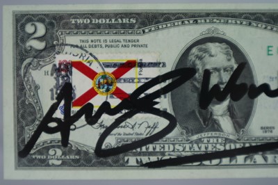 Lot 212 - Andy Warhol (American 1928-1987) Signed $2 Bill, Florida Stamp
