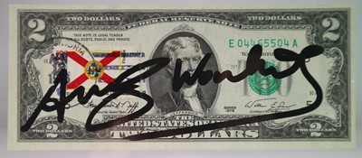 Lot 212 - Andy Warhol (American 1928-1987) Signed $2 Bill, Florida Stamp