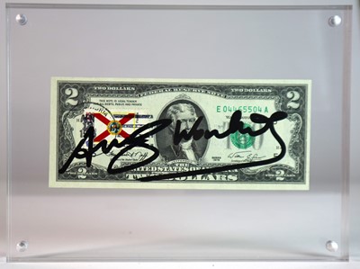 Lot 212 - Andy Warhol (American 1928-1987) Signed $2 Bill, Florida Stamp