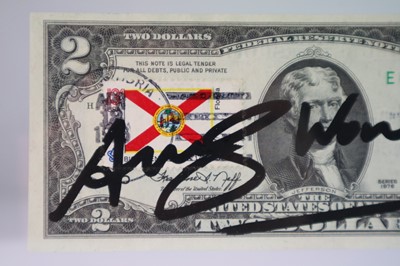 Lot 212 - Andy Warhol (American 1928-1987) Signed $2 Bill, Florida Stamp