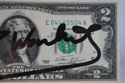 Lot 212 - Andy Warhol (American 1928-1987) Signed $2 Bill, Florida Stamp