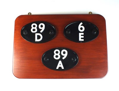 Lot 546 - Three reproduction cast metal, shed plates, '89A', '89D' and '6E', all for Oswestry / A cast brass, shed plate, '84G'