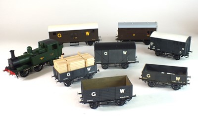 Lot 134 - A plastic O-gauge model of a steam locomotive, with 7 goods wagons (8)