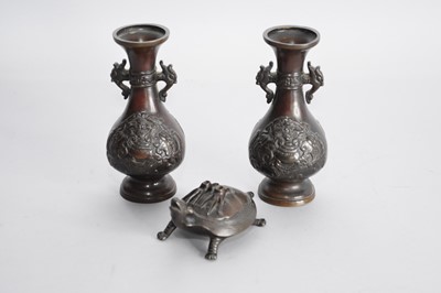 Lot 325 - A pair of Japanese bronze vases and a bronze figure of a turtle