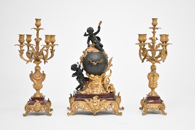 Lot 437 - A late 19th/early 20th century, French, Rococo style, ormolu and marble mantel clock garniture