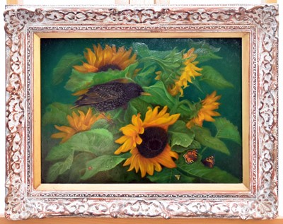 Lot 306 - Denby Sweeting (British 1936-2020) Sunflowers with Starling and Butterflies