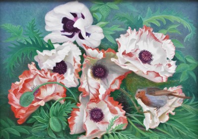 Lot 308 - Denby Sweeting (British 1936-2020)  Floral Study of Poppies with a Robin