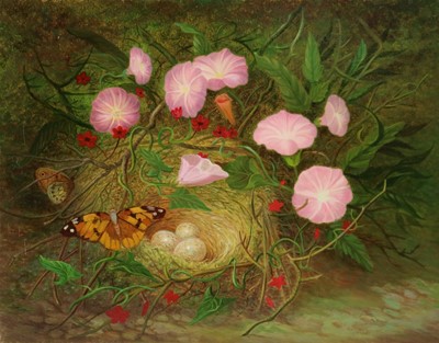 Lot 277 - Denby Sweeting (British 1936-2020) Two Floral studies with Butterflies and Nest Eggs
