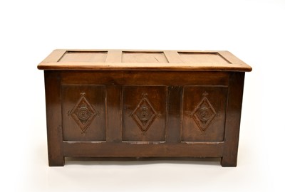 Lot 215 - A diminutive, 17th century style, oak 6-plank coffer