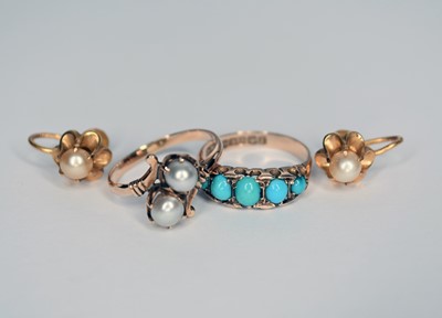 Lot 128 - A 9ct gold five stone turquoise ring with another ring and earrings