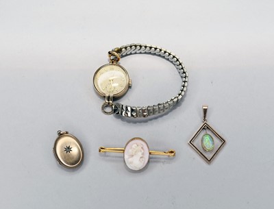Lot 376 - An opal pendant together with a brooch, locket and wristwatch